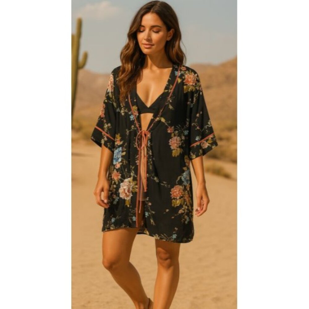 Haute Monde Women’s Black Kimono Med Boho Chic Cottagecore Resort